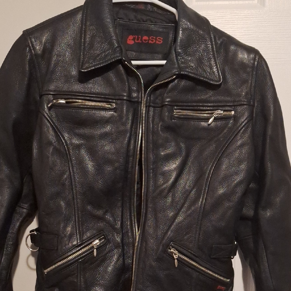 Guess Woman's Black Leather Bomber Jacket